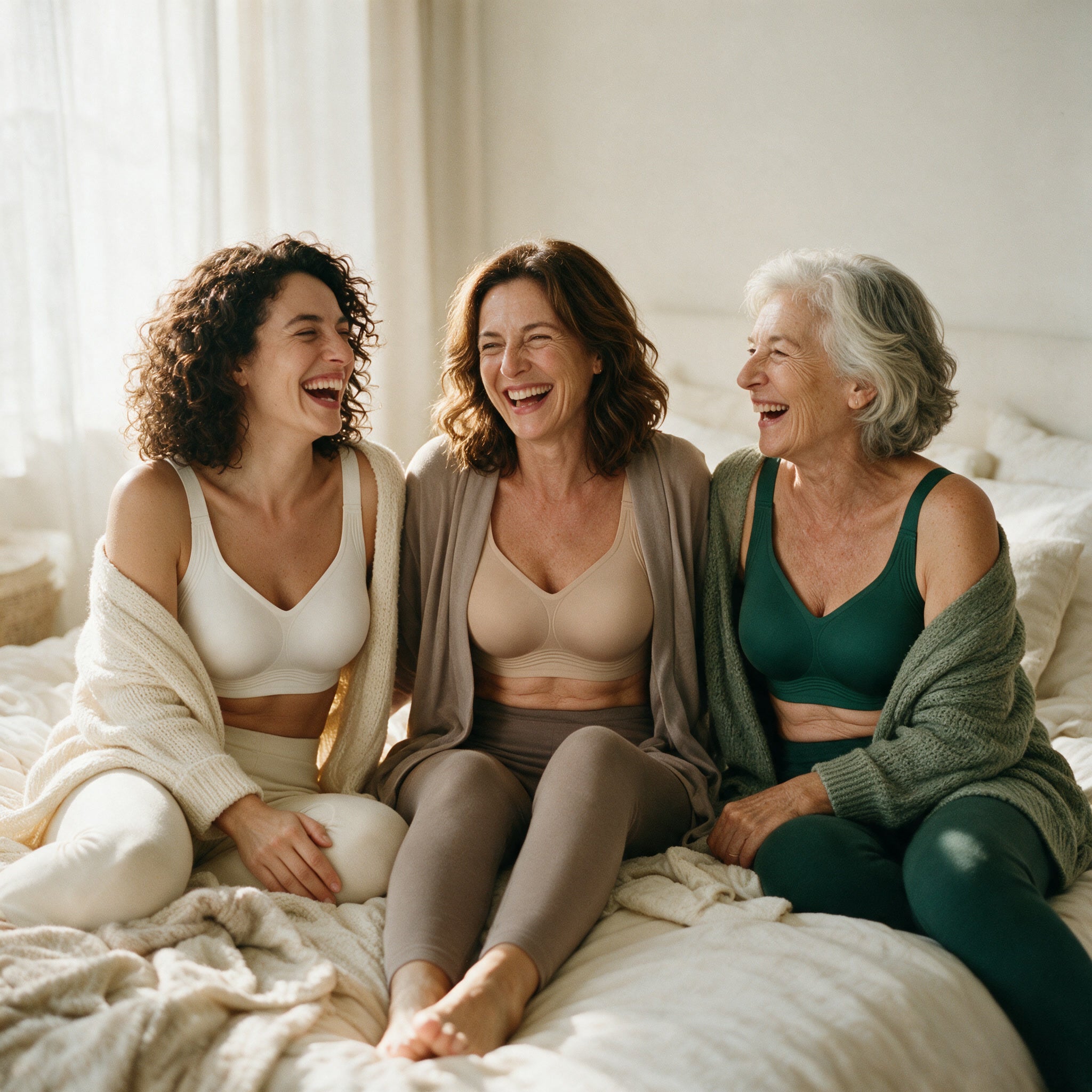 Three women laughing together in Noravie Second-Skin Bras